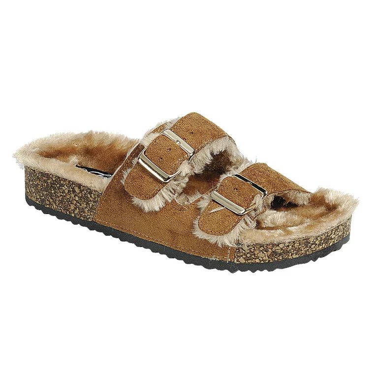 SNJ New Faux Fur Lining Slide Buckle Double Strap Flat Molded Footbed Slipper Sandal | Walmart (US)