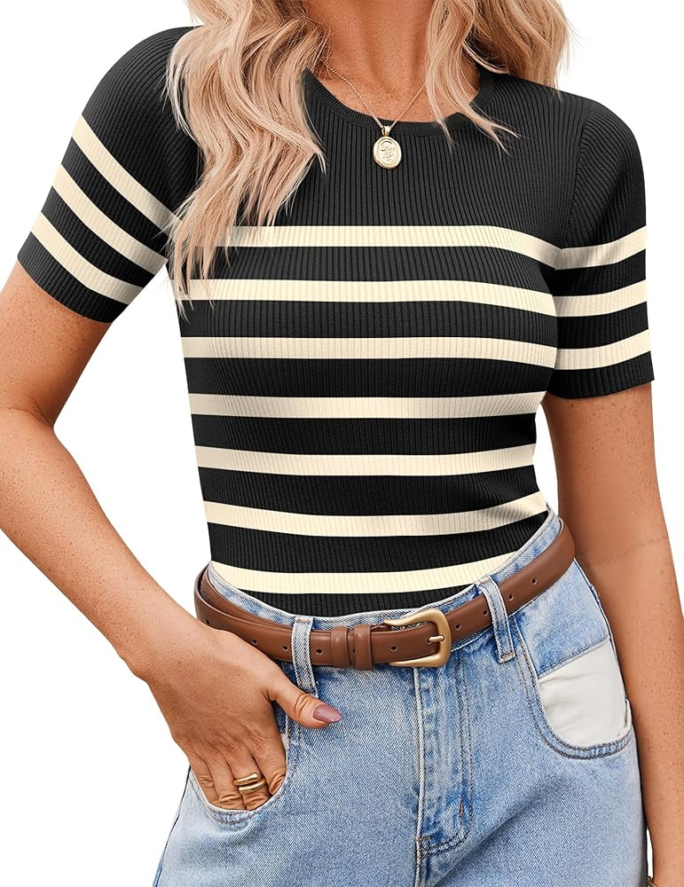 Zeagoo Women's Short Sleeve Basic Slim Fit Tops Crewneck Ribbed Knit T Shirt Cute Summer Outfits | Amazon (US)