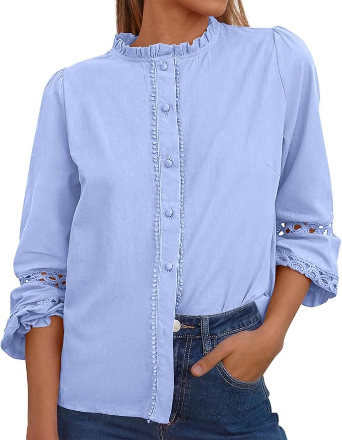 KIRUNDO Going Out Tops for Women Boho Cotton Eyelet Long Sleeve Button Up Shirt 2025 Fall Fashion... | Amazon (US)
