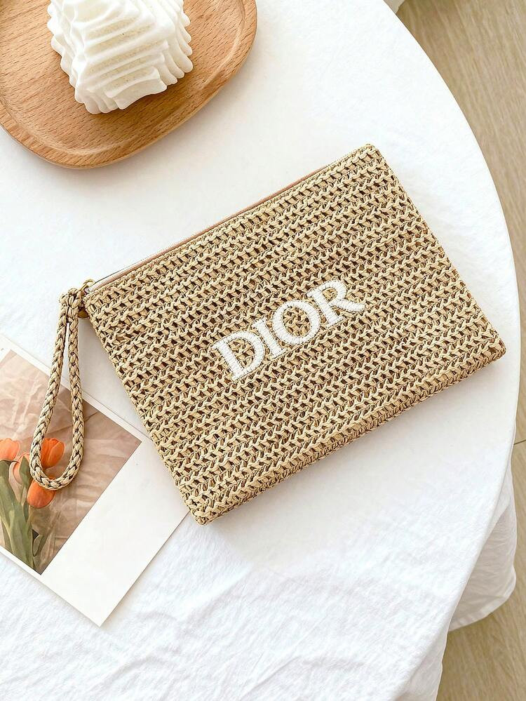 Christian Dior Raffia Woven Makeup Bag, Embroidered Logo, Handheld, Travel Cosmetic Bag, Minimalist, Cosmetic Storage Pouch, Embroidered Makeup Bag, Woven Design, Portable, Cosmetic Storage Bag, Fashionable Small Purse, Handbag | SHEIN
