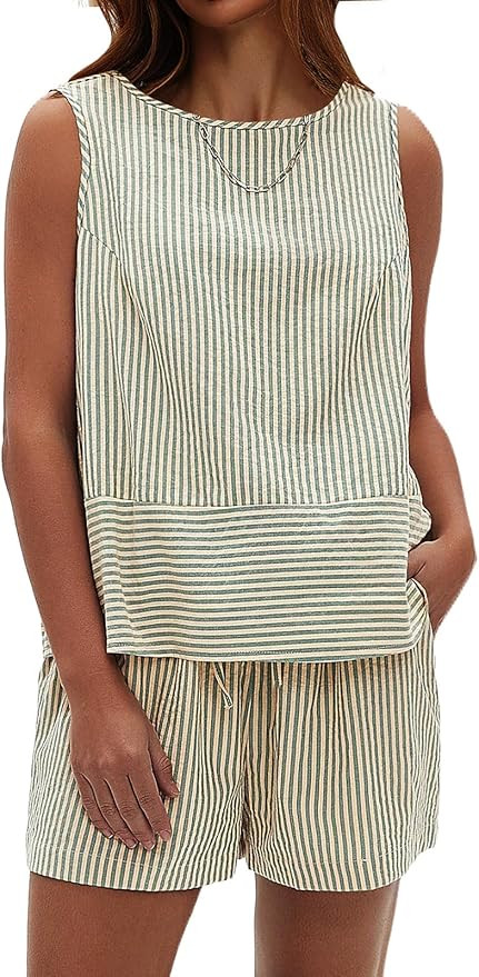 EXLURA Womens 100% Cotton Two Piece Sets Summer Outfits Casual Sleeveless Tank Top Matching Short... | Amazon (US)