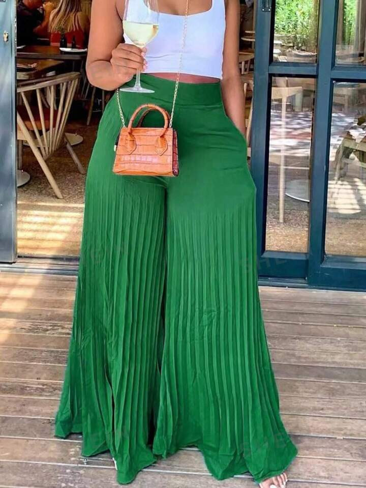 SHEIN Slayr Elegant Elastic Waist Dark Green Pleated Large-Footed Extra-Long Wide-Leg Pants For W... | SHEIN