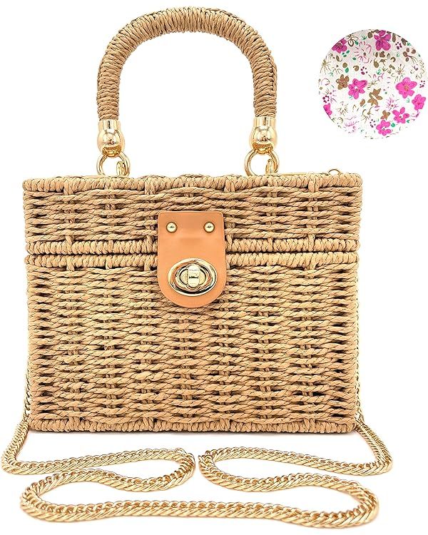 Handwoven Rattan Bag for women-Wicker Woven Square Crossbody vintage Chic Casual Beach Boho Tote ... | Amazon (US)