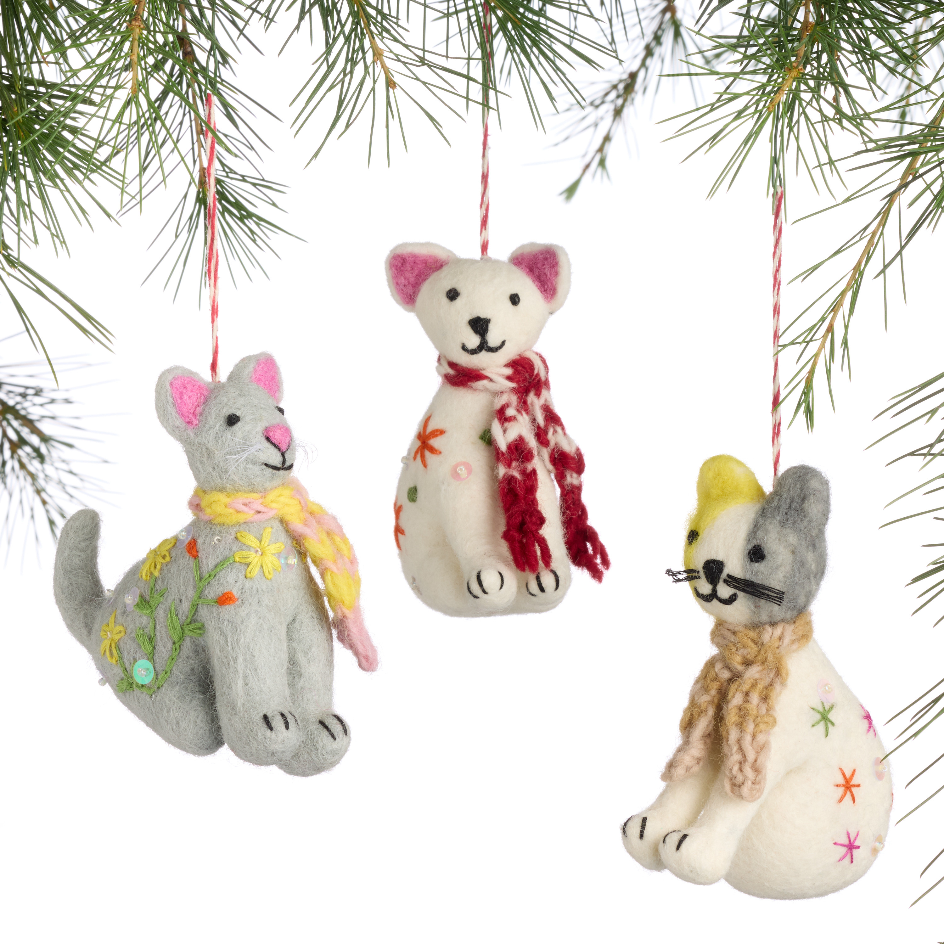Wool Embroidered Cat with Scarf Ornaments Set of 3 | World Market