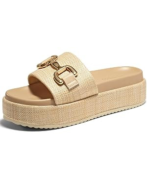Coutgo Womens Platform Sandals Raffia Espadrilles Metal Chain Slip on Open Toe Cute Beach Slide S... | Amazon (US)