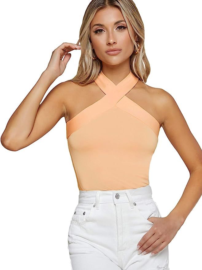 Floerns Women's Solid Criss Cross Halter Sleeveless Tee Shirt Top | Amazon (US)