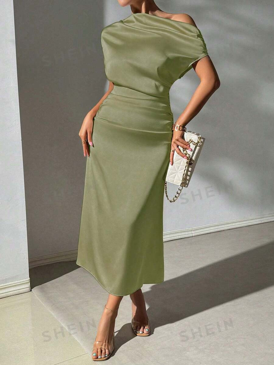 SHEIN Privé Women's Summer Elegant Open Shoulder Ruched Waist Shiny Apricot Colored Dress | SHEIN