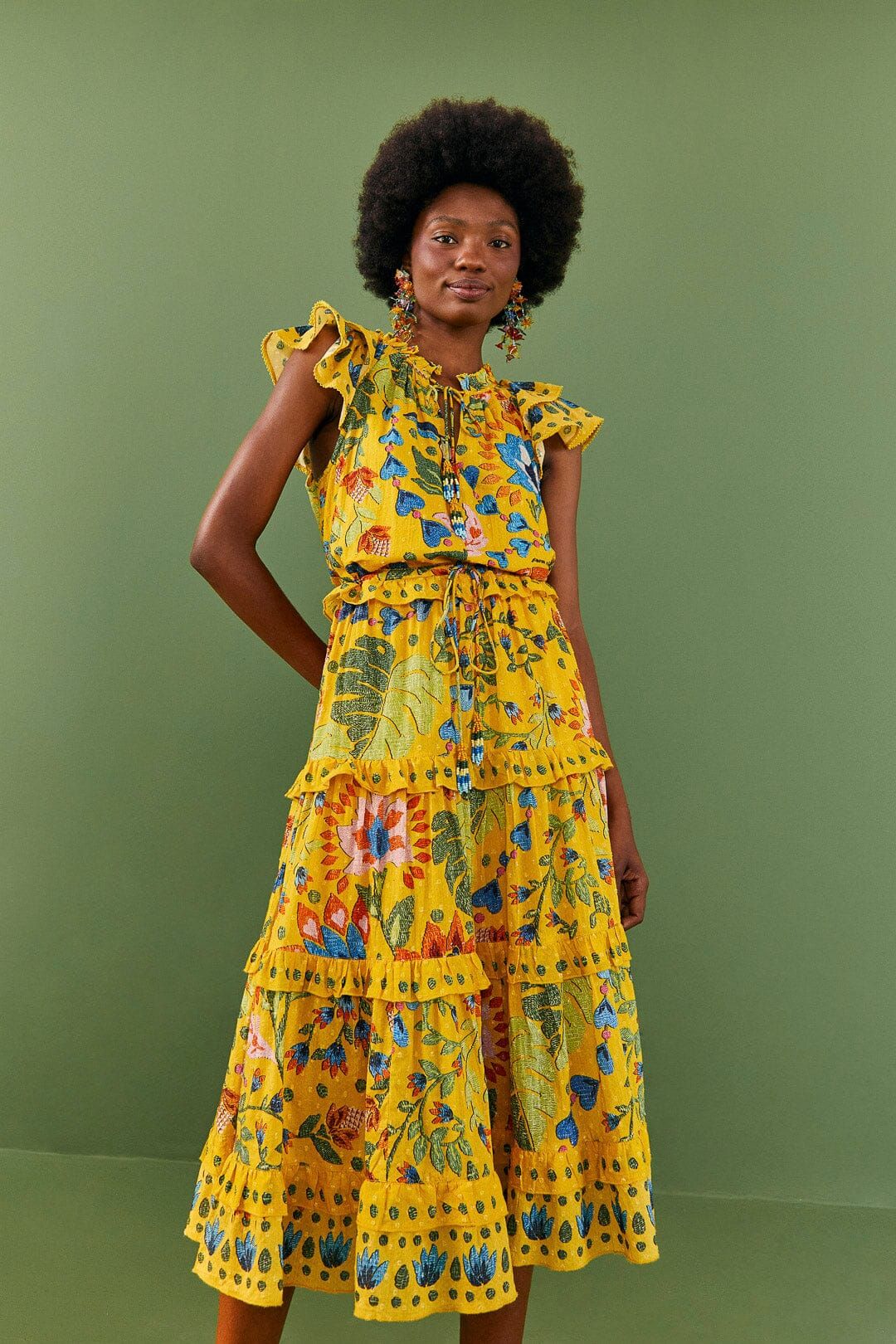 Yellow Summer Garden Frill Midi Dress | FarmRio