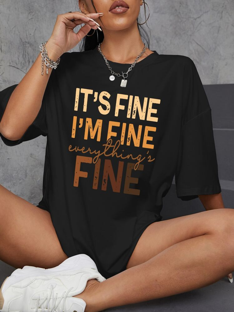 SHEIN EZwear Camiseta amplia con estampado de slogan de hombros caídos | SHEIN