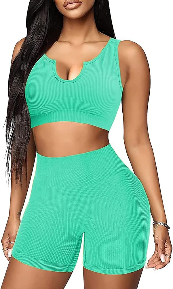 Seamless Workout Sets for Women 2 Piece Yoga Outfits Ribbed High Waist Leggings with Sports Bra Gym  | Amazon (US)