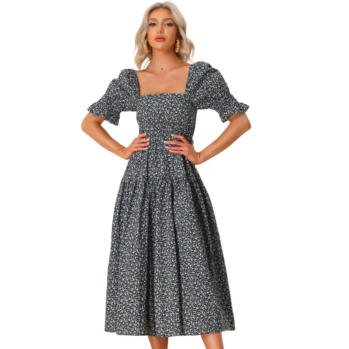 Allegra K Women's Peasant Floral Square Neck Short Puff Sleeve Smocked Dresses | Target
