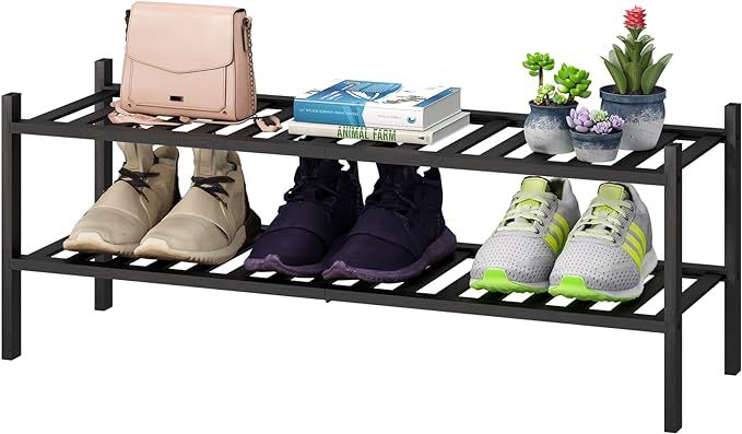 viewcare Black Shoe Rack, 2-Tier Long Shoe Rack for Entryway, Bamboo Wood Shoe Rack for Closet & ... | Amazon (US)