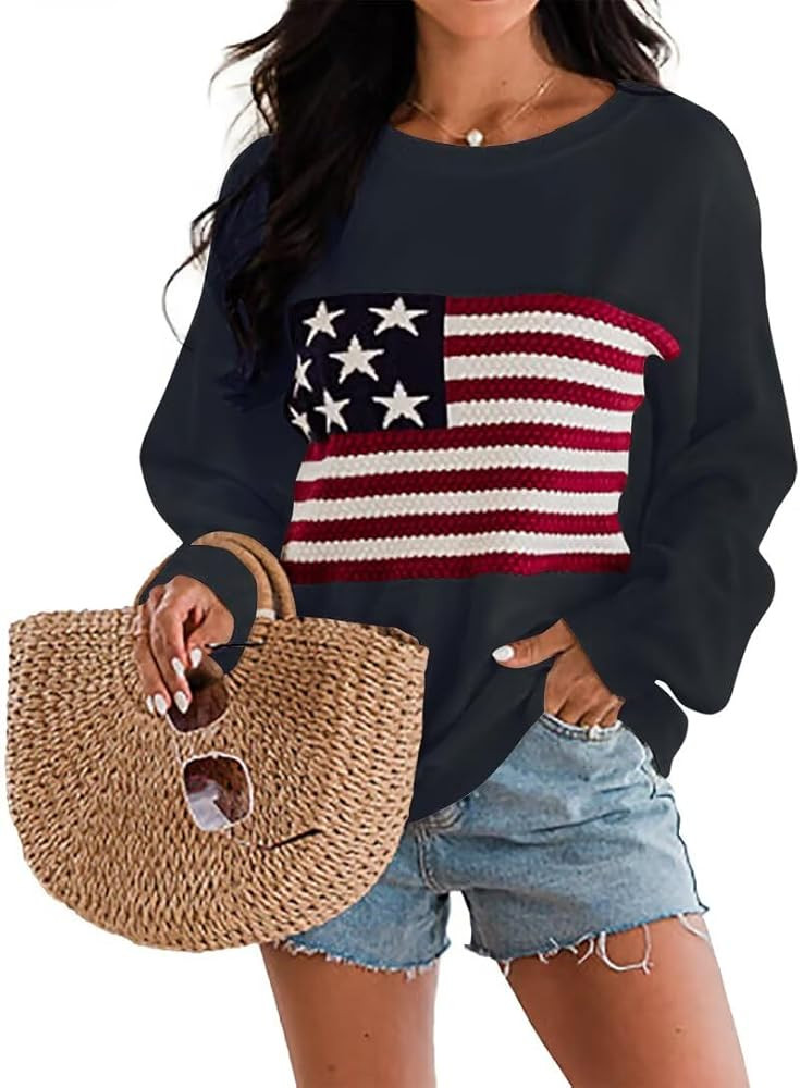 Dressmine Womens American Flag Sweater Knit Long Sleeve Crew Neck Graphic Elegant Soft Loose Pull... | Amazon (US)