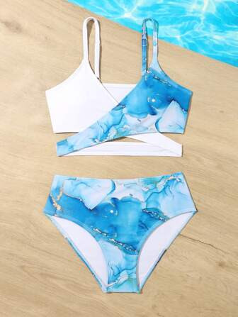 Tween Girl Marble Print Wrap Bikini Swimsuit | SHEIN
