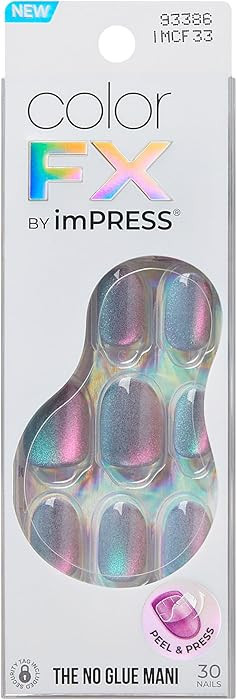 KISS imPRESS No Glue Mani Press On Nails, ColorFX, 'Fly Up', Silver, Short Size, Oval Shape, Incl... | Amazon (US)