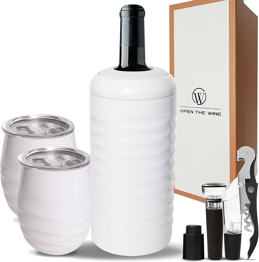 Set of 2 Insulated Wine Tumblers with Lid, Wine Bottle Chiller, and Wine Accessories - Stopper, A... | Amazon (US)