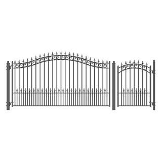 19 ft. x 14 ft. x 6 ft. x 5 ft. Black Steel Single Swing Driveway Gate Prague Style with Pedestrian Gate Fence Gate | The Home Depot