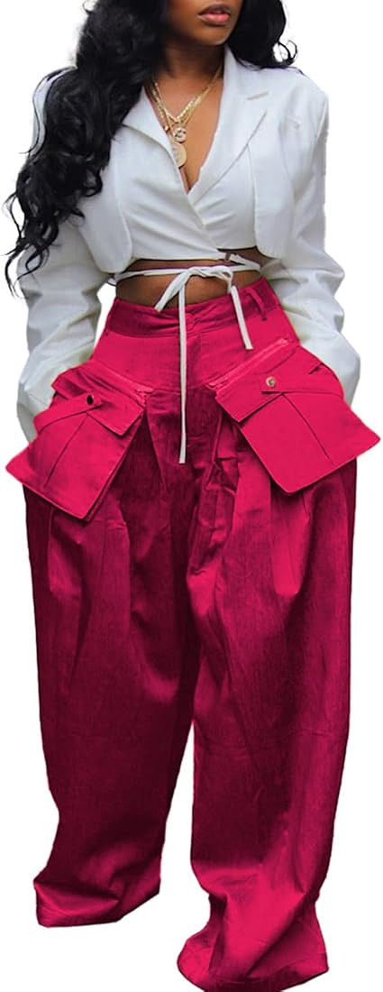 DINGANG High Waisted Wide Leg Cargo Pants Women Flowy Casual Pants with Zippers Pockets | Amazon (US)