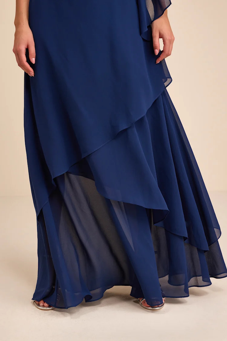 Camellia Dark Blue One-Shoulder Bow Maxi Dress | Lulus