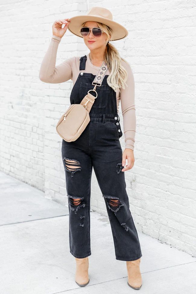Light Up Your Life Black Distressed Straight Leg Overalls | Pink Lily