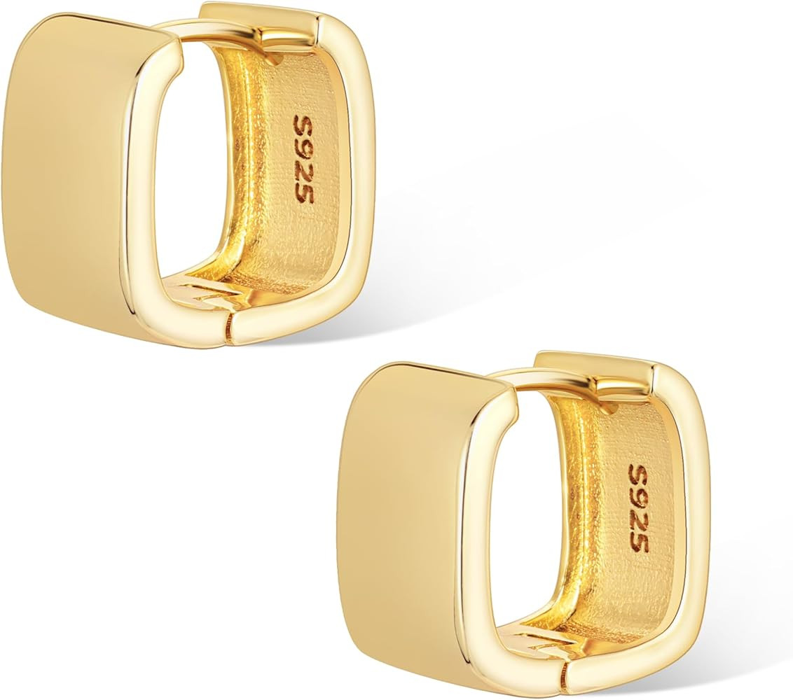 925 Sterling Silver Small Square Huggie Hoop Earrings for Women Trendy Hypoallergenic 14K Gold Pl... | Amazon (US)