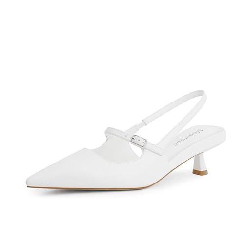 Modatope White Heels for Women Closed Pointed Toe Low Heels Stiletto Dress Shoes Womens Kitten Slingback Heels Size 9 | Amazon (US)