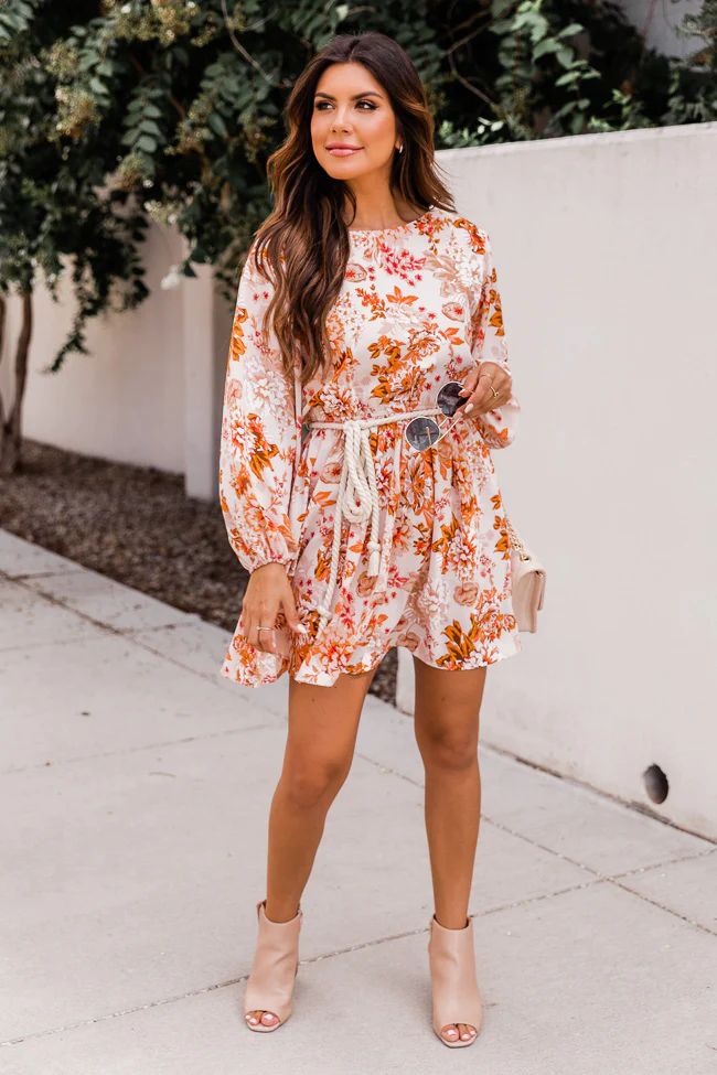 One Day Maybe Rust Floral Rope Belted Dress | The Pink Lily Boutique