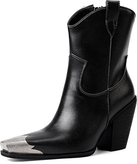 Cowboy Ankle Boots for Women Engraved Steel Toe Cowgirl Boots Stacked Block Heeled Short Cowboy B... | Amazon (US)