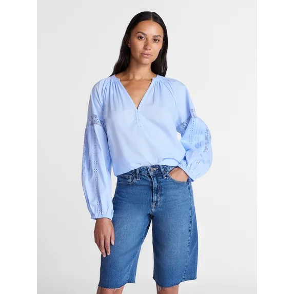 Time and Tru Women's Lace Insert Popover Full Sleeve Top, Sizes XS - XXXL | Walmart (US)