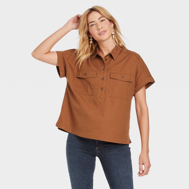 Women&#39;s Dolman Short Sleeve Utility Button-Down Shirt - Universal Thread&#8482; Brown M | Target