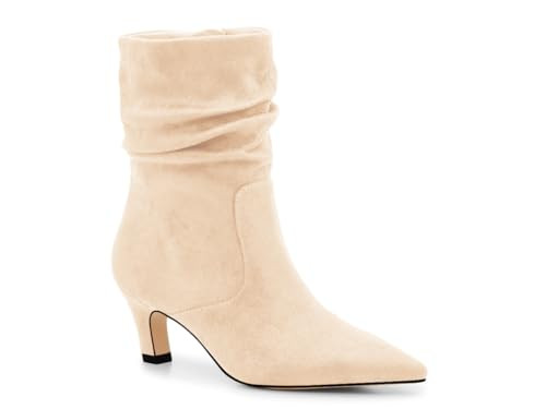 Coutgo Women's Slouchy Ankle Boots Low Kitten Heel Pointed Toe Booties Side Zipper Fall Shoes, Beige, Size 9 | Amazon (US)