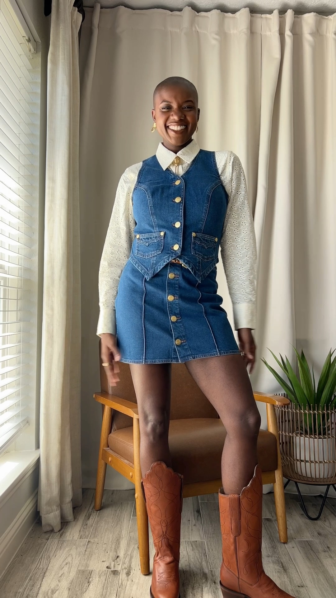 Western outfit for Rodeo season! Denim wrangler vest and skirt with gold buttons, brown western boots,vintage white button up shirt with eyelets and vintage gold earrings  all from YellowRose by Kendra Scott! 

Comment SHOP below to receive a DM with the link to this post on my LTK ⬇ https://liketk.it/5WJKe #ltkdayinmylife

#LTKgrwm