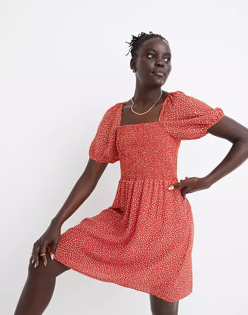 Silk Lucie Puff-Sleeve Smocked Mini Dress in Park Picnic | Madewell