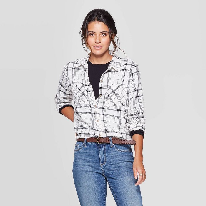 Women's Plaid Long Sleeve Button-Down Flannel Top - Universal Thread™ White | Target