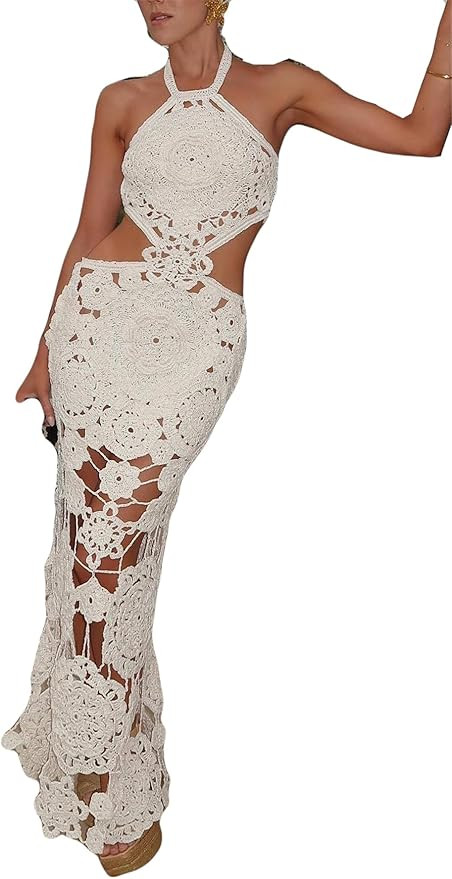 Womens Sexy Halter Sleeveless Solid Color Backless Crochet Hollow Beach Package Hip Dress Vacatio... | Amazon (US)