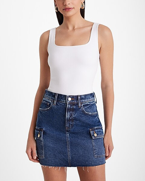 Body Contour White Denim Square Neck Bodysuit | Express