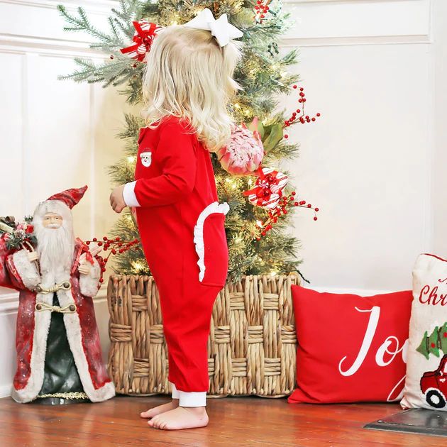 Girls Santa Embroidered 1-Piece Loungewear Red Knit | Classic Whimsy