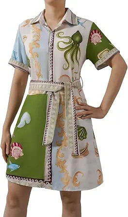 Femiserah Women's Summer Button Down Shirt Dresses with Belt Short Sleeve Floral Collared Dress V... | Amazon (US)
