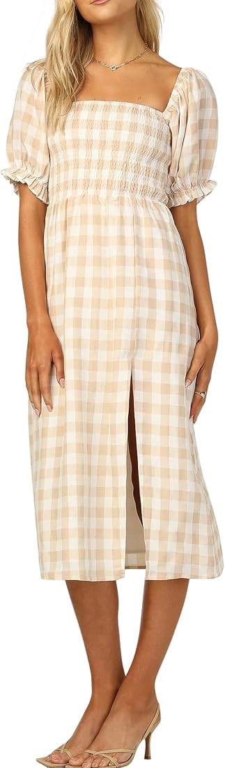 Summer Dress for Women Cotton Plaid Puff Sleeves Casual Off-Shoulder Boho Side Slit Midi Dress | Amazon (US)