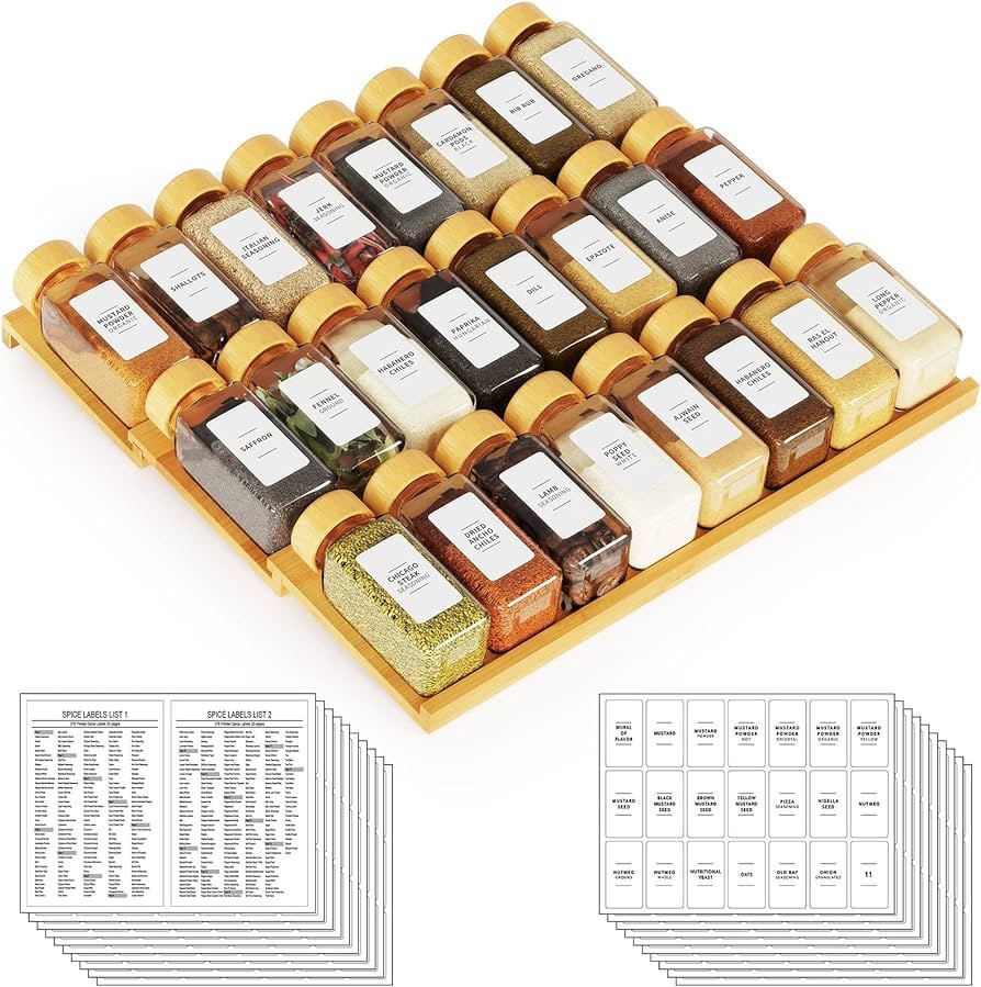 SpaceAid Bamboo Spice Drawer Organizer with 24 Spice Jars, 378 White Minimalist Spice Labels, 3 T... | Amazon (US)