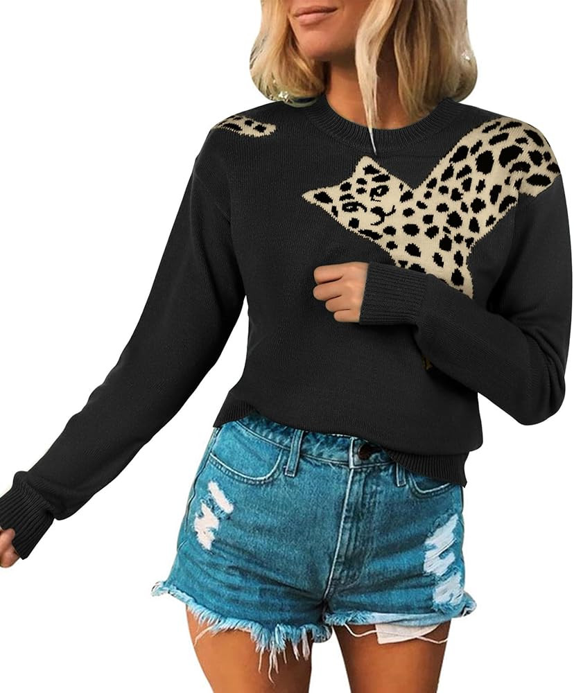 Angashion Women's Sweaters Casual Floral Printed Patchwork Long Sleeves Knitted Pullover Cropped ... | Amazon (US)