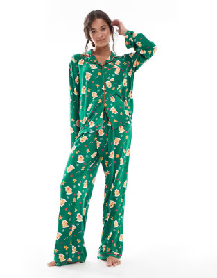Loungeable gingerbread button shirt and long pant pyjama set in multi | ASOS (Global)