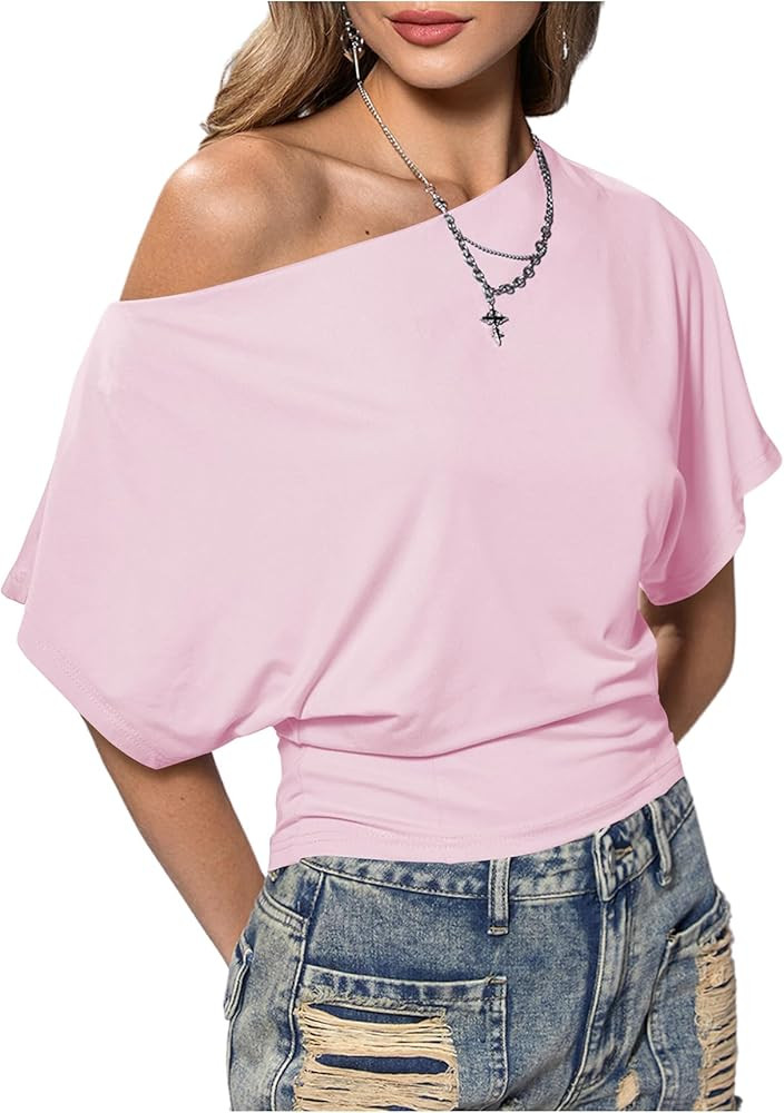 SweatyRocks Women's Off The Shoulder Crop Tops Asymmetrical Y2K Going Out Top Dolman Short Sleeve... | Amazon (US)