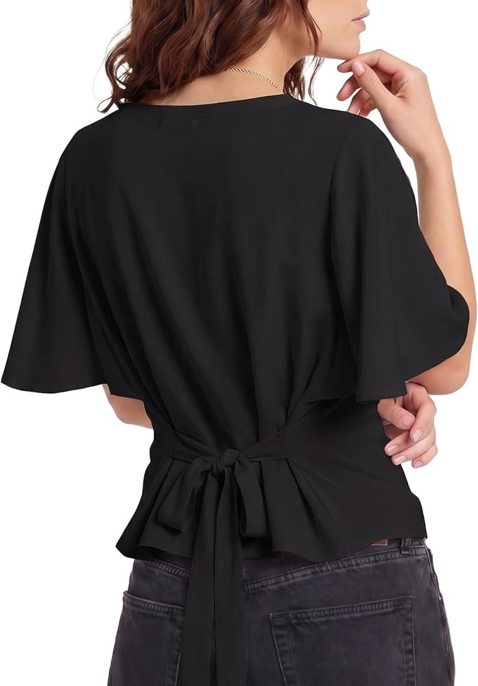 Baonmy Womens Short Sleeve T-Shirt Cute Tie Back Crop Top Cinched Tighten Waist Top Batwing Summe... | Amazon (CA)