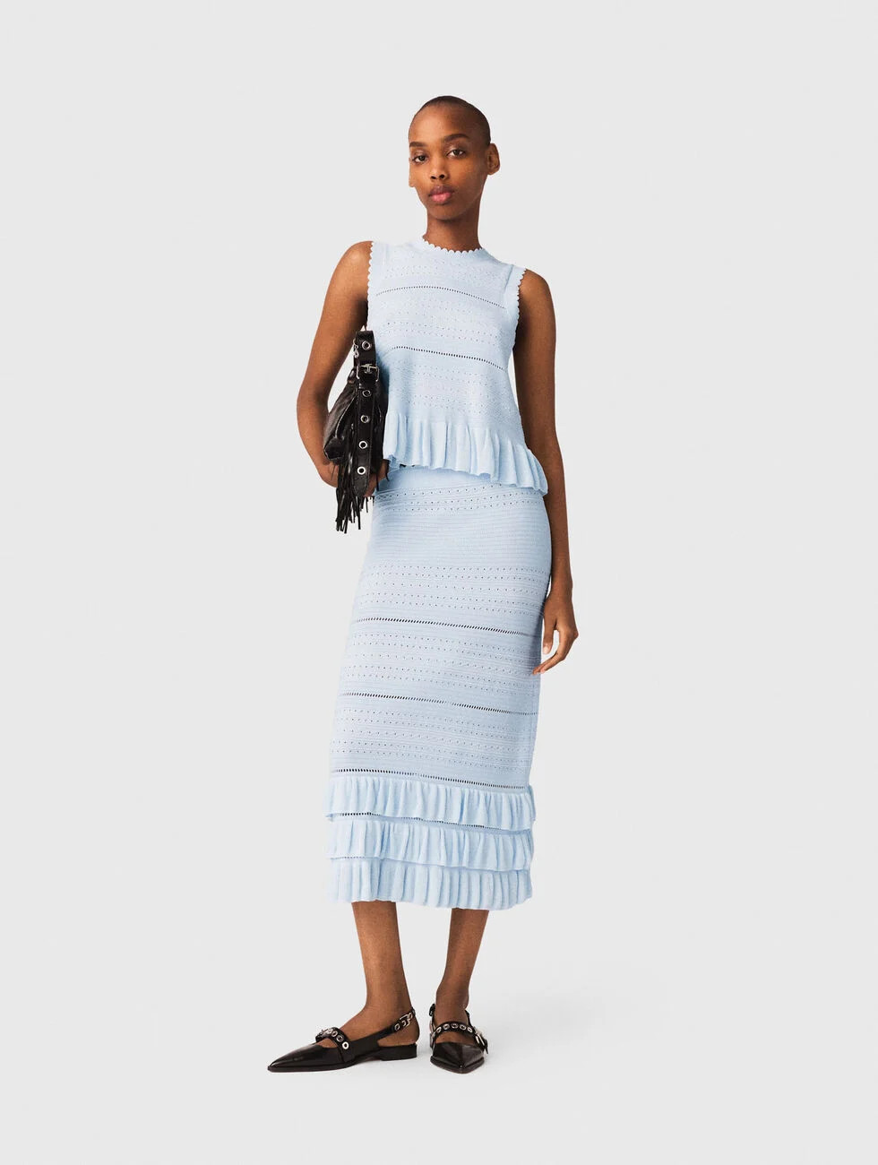 Long ruffled knit skirt Blue for Women | Maje | Maje US
