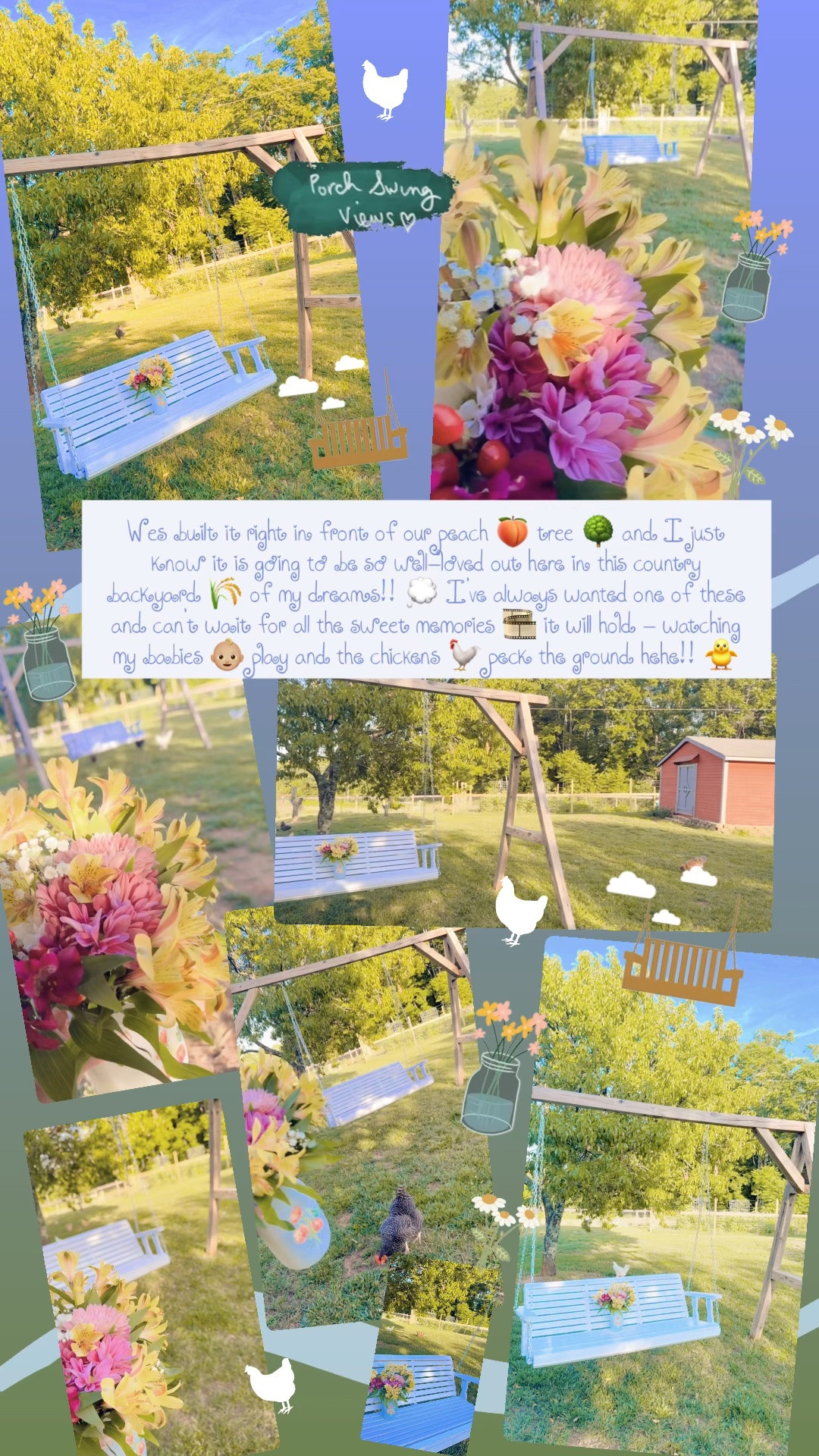 Wes built it right in front of our peach 🍑 tree 🌳 and I just know it is going to be so well-loved out here in this country backyard 🌾 of my dreams!! 💭 I’ve always wanted one of these and can’t wait for all the sweet memories 🎞️ it will hold - watching my babies 👶🏼 play and the chickens 🐓 peck the ground hehe!! 🐥