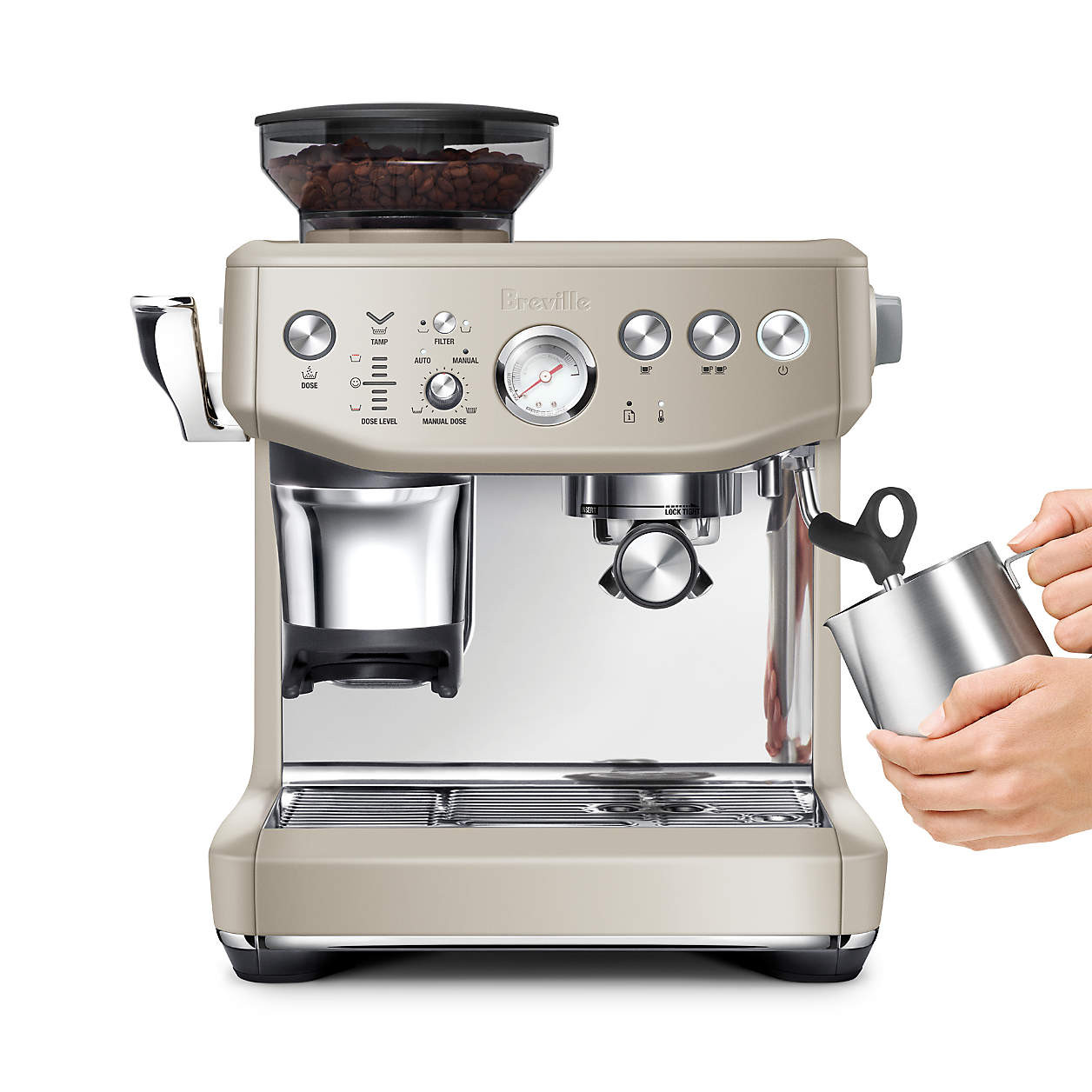 Breville Barista Express Impress Espresso Machine in Almond Nougat + Reviews | Crate & Barrel | Crate & Barrel