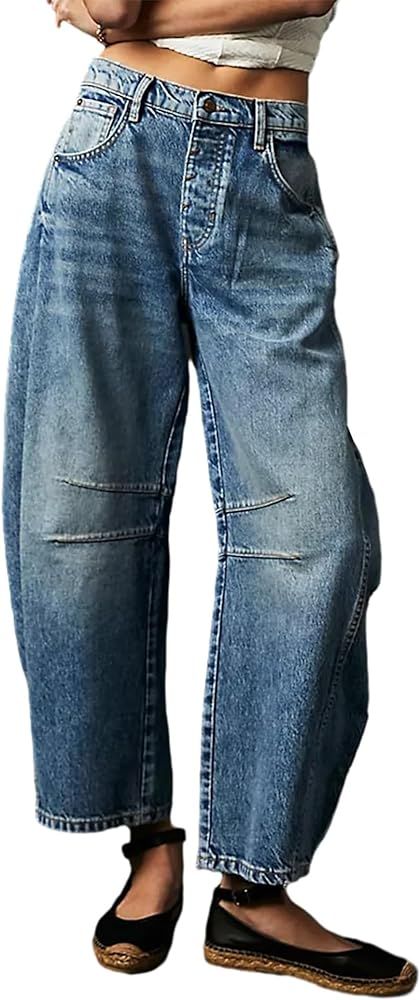 Women Wide Leg Barrel Jeans Baggy Mid Waist Cropped Balloon Denim Pants Vintage Boyfriend Y2k Loo... | Amazon (US)
