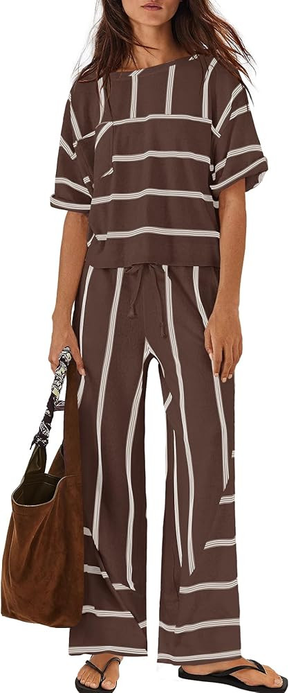 Nirovien Womens Striped Lounge Set 2 Piece Vacation Sets Short Sleeve Tops and Wide Leg Pants Tra... | Amazon (US)