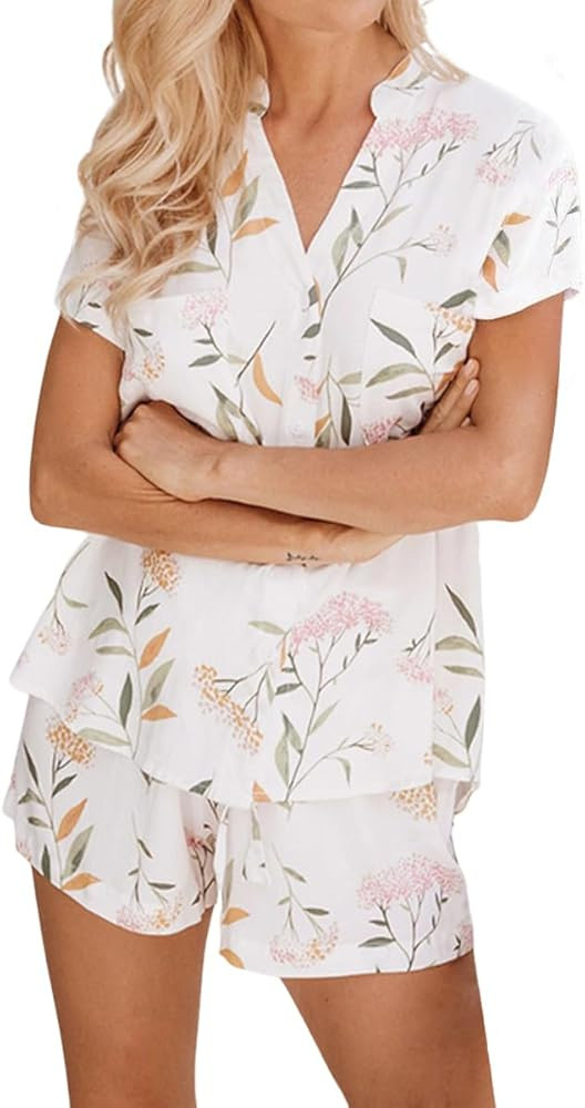 Womens Short Sleeve Printed Pajama Sets Button Down 2 Piece Shorts Sets Soft Loungewear | Amazon (US)